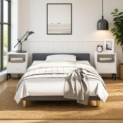 Bed Frame King Single Size Grey Fabric Headboard Bedroom Furniture Slats Support