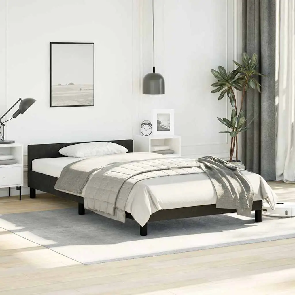 King Single Bed Frame Black Velvet Upholstered Headboard Plywood Slats