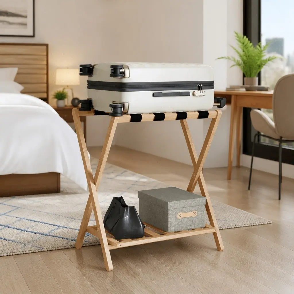 Luggage Rack Bamboo Foldable Suitcase Stand with Shelves Storage Organiser Brown