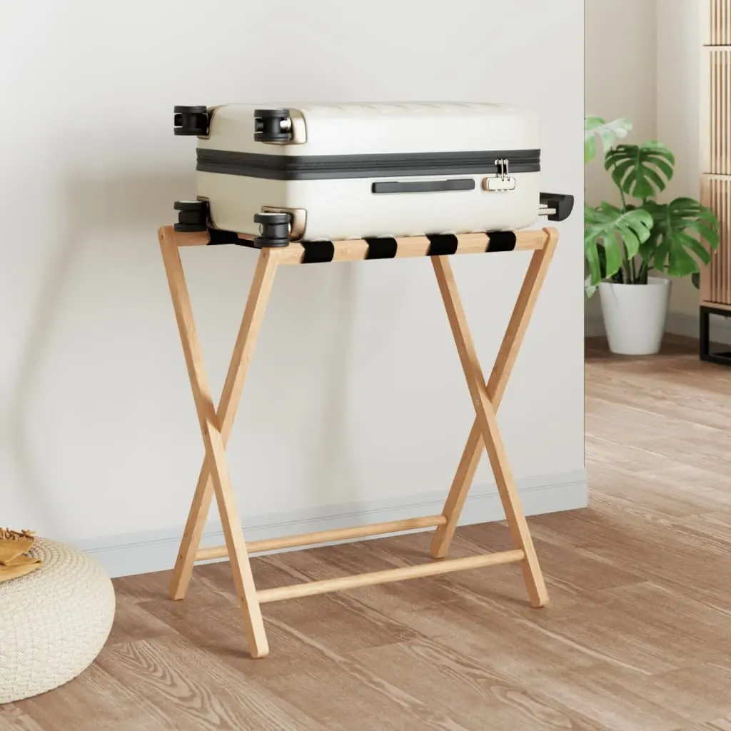 Luggage Rack Bamboo Brown Foldable Suitcase Stand Storage Holder with Straps