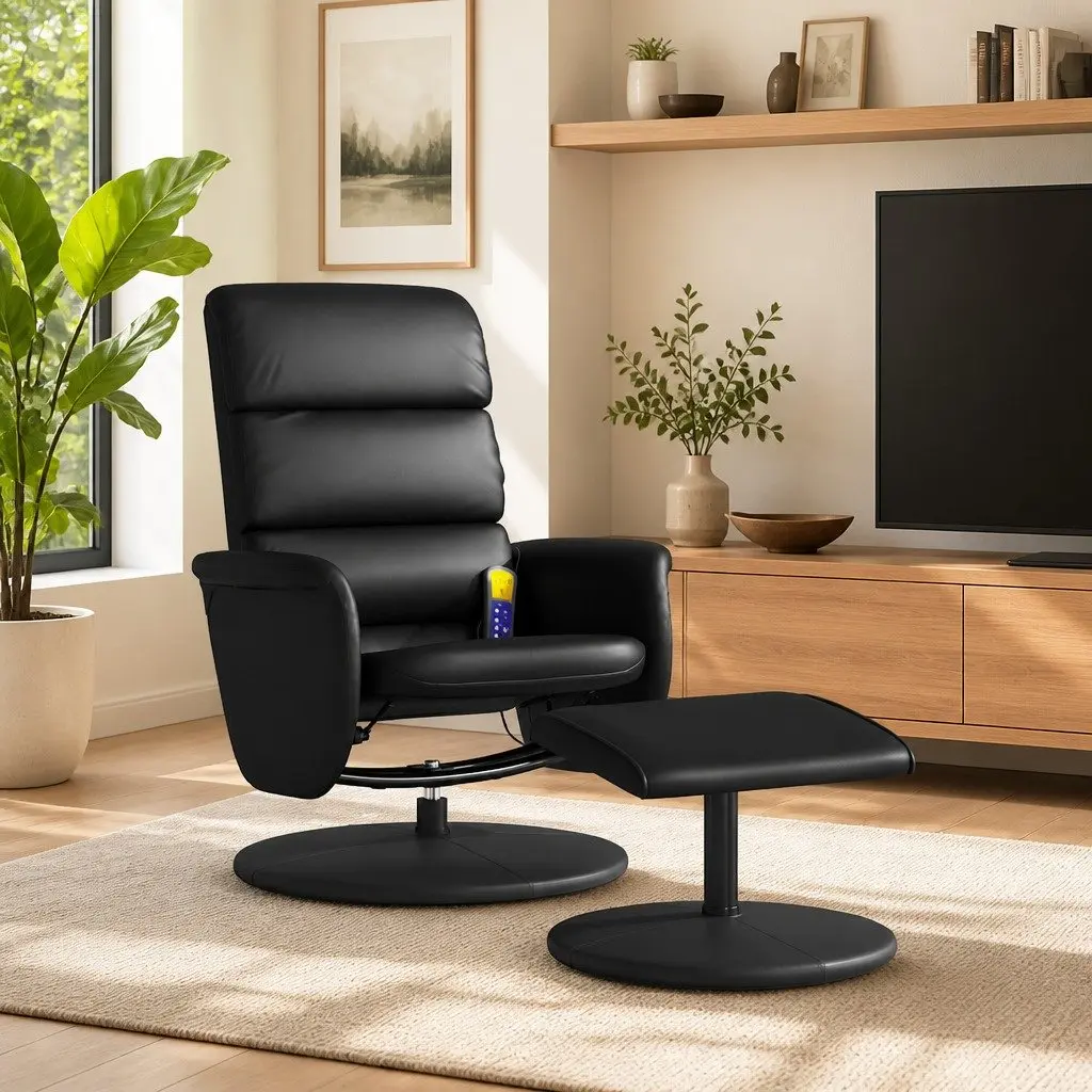 Massage Recliner Chair with Footstool 360-Degree Swivel Faux Leather Black