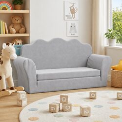 Kids Sofa Bed 2-Seater Grey Soft Plush Fold Out Armchair Toddler Couch