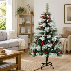 Artificial Hinged Christmas Tree 150cm White with Cones Berries Seasonal