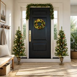 4 Piece Christmas Door Decoration Set with LED Lights Wreath Garland Trees