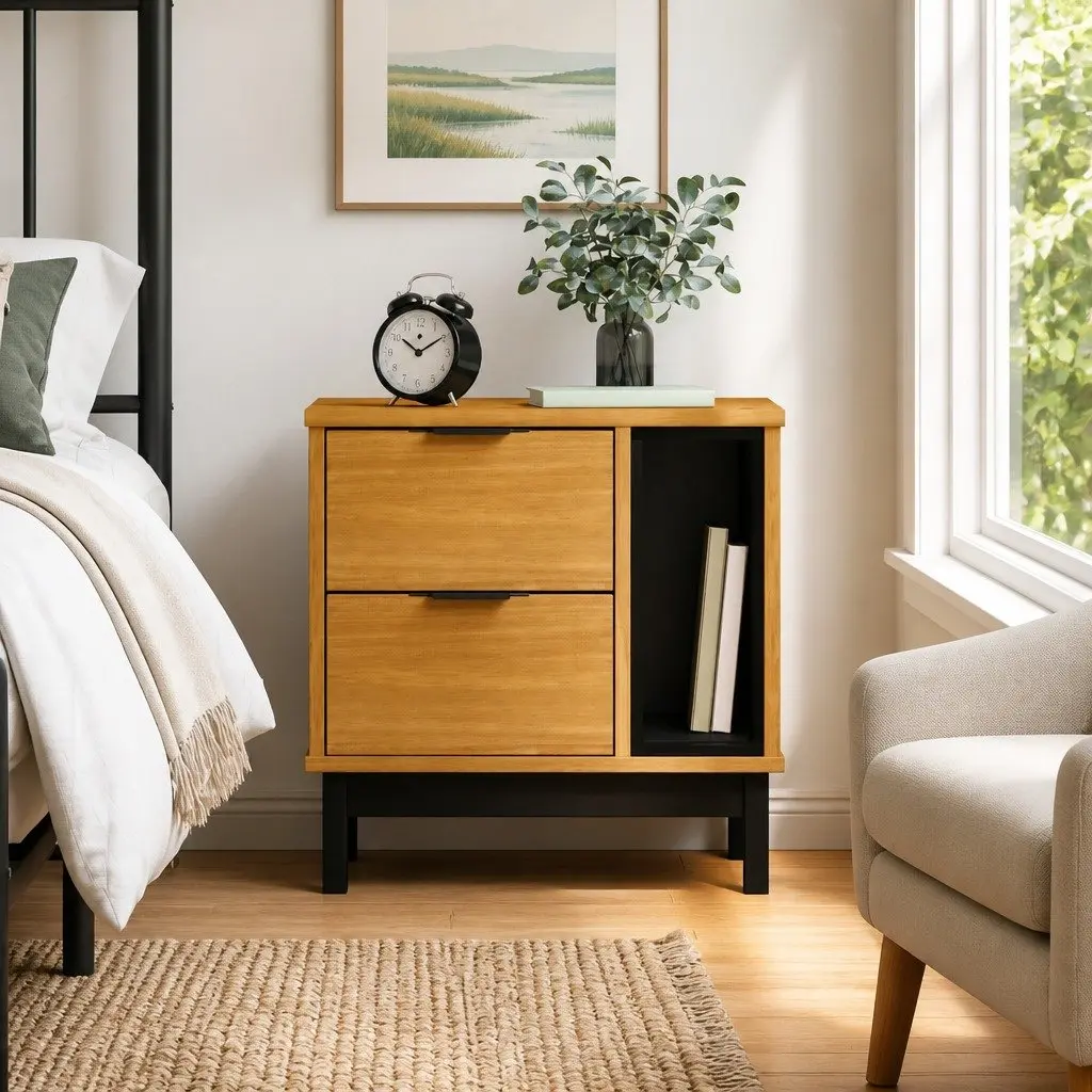 Bedside Table Solid Pine Wood Construction 2 Drawers Compartment Brown