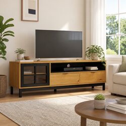 TV Cabinet with Glass Door Brown Solid Pine Wood Media Unit Storage 158x40x50cm