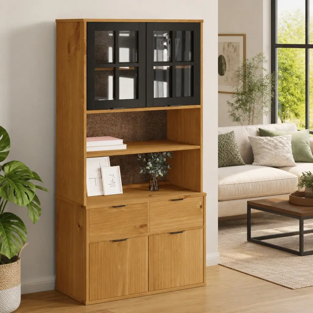 Wooden Highboard Top Cabinet Storage Shelves Solid Pine Brown