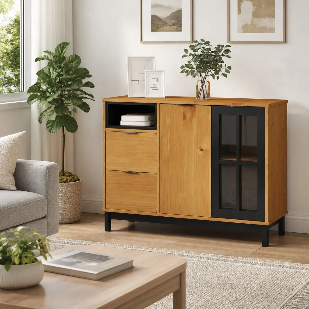 Solid Pine Wood Sideboard with Glass Door Brown 110x40x80cm
