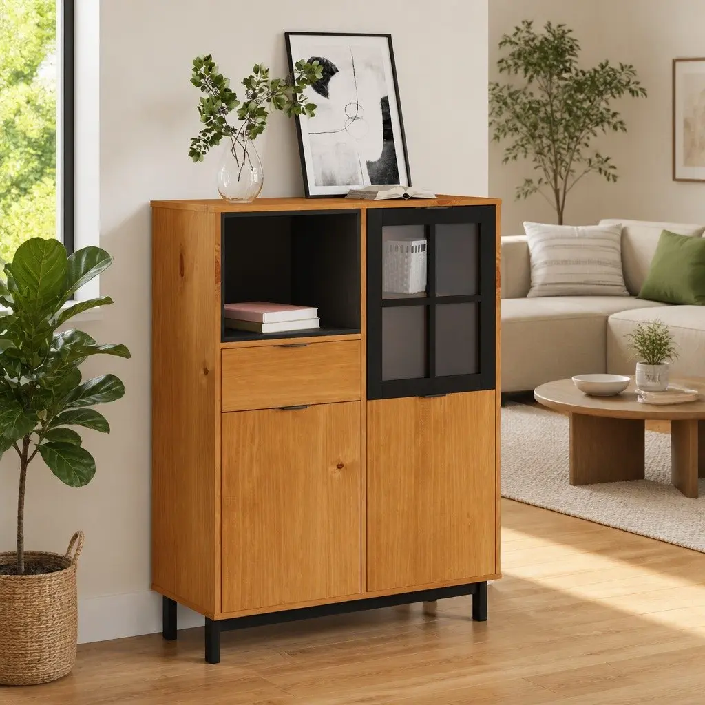 Highboard Storage Cabinet with Glass Door Brown Engineered Wood 92cm W x 40cm D x 122.5cm H