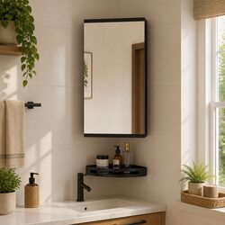 Corner Bathroom Mirror Cabinet Wall-Mounted Vanity Storage Black 30x24x60cm