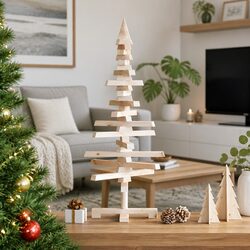Wooden Christmas Tree Decoration 90cm Solid Pine Wood Rustic Holiday Home Decor
