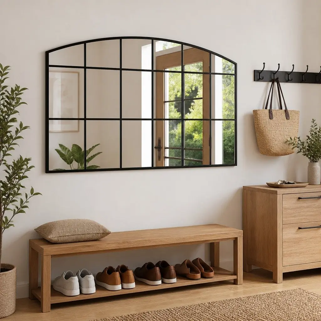 Wall Mirror Black Arch Iron Frame 100x60 cm Bedroom Hallway Living Room Decor
