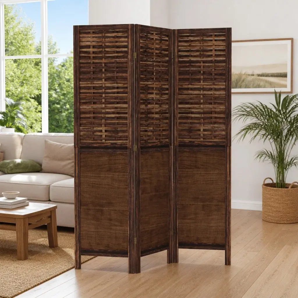 Room Divider 3 Panels Folding Privacy Screen Brown Wood Frame Indoor Partition