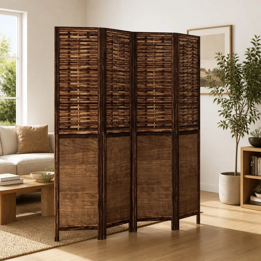 Room Divider Four Panels Brown Folding Privacy Screen Solid Wood Partition