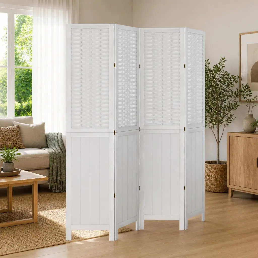 Room Divider Four Panels Folding Privacy Screen White Bamboo and Engineered Wood