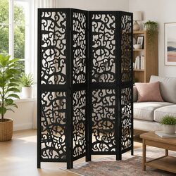 Room Divider 4 Panels Black Solid Wood Paulownia Folding Privacy Screen Indoor