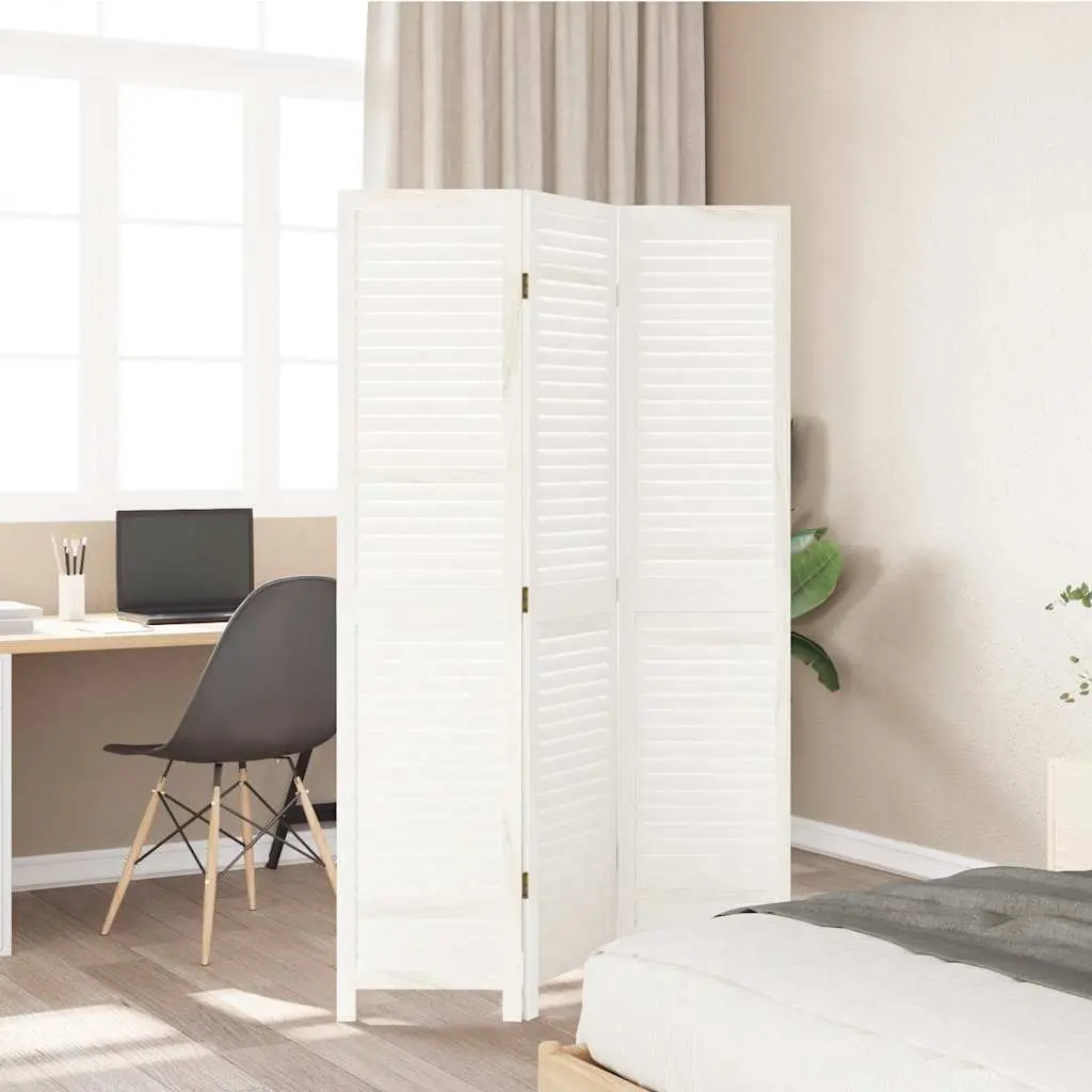 Room Divider Folding 3 Panels Solid Paulownia Wood White
