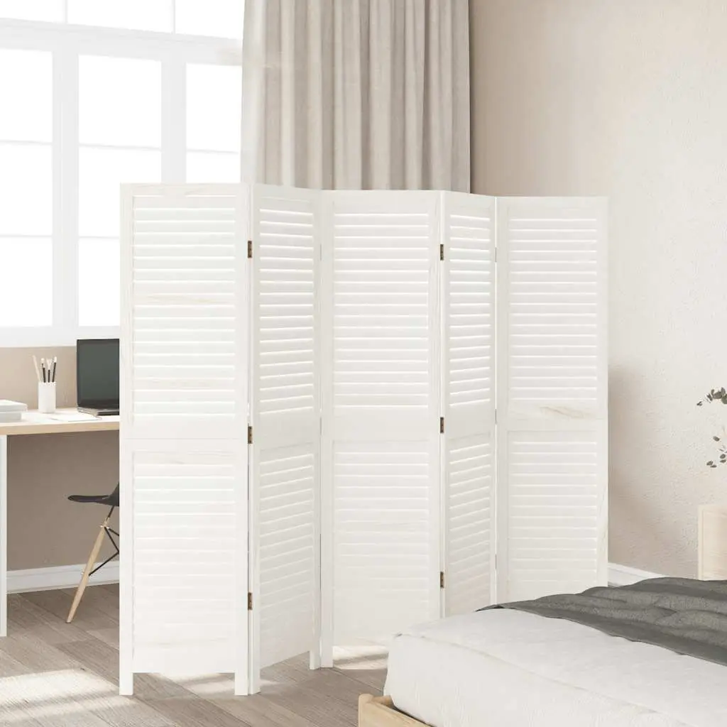 Room Divider 5 Panels Folding Privacy Screen White Solid Paulownia Wood