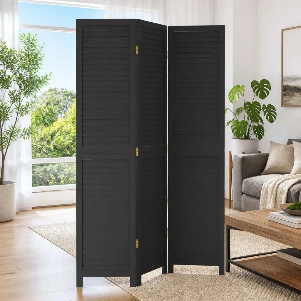Room Divider Black Solid Wood 3 Panels Folding Screen Privacy Partition Indoor