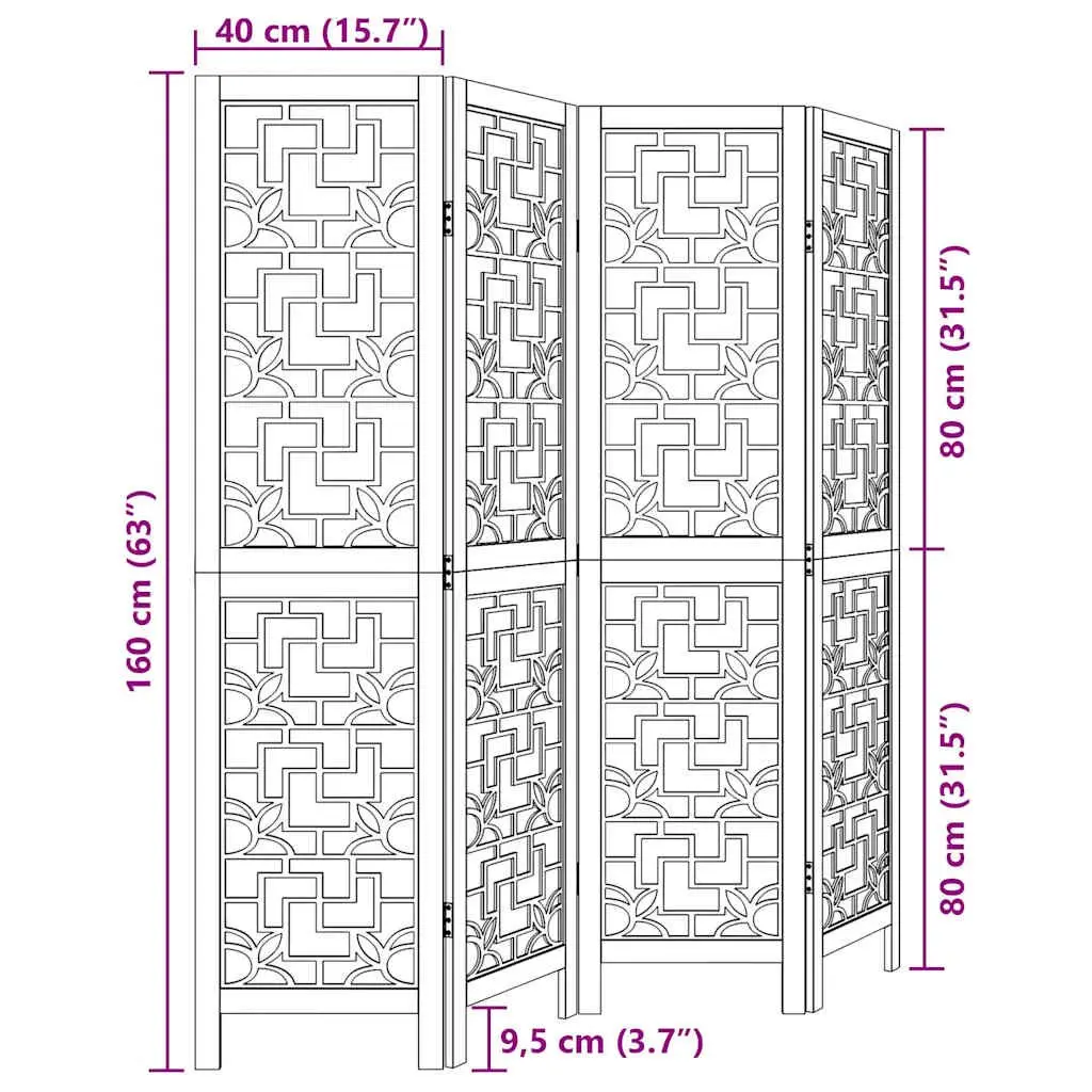 Room Divider Folding Privacy Screen 4 Panels Brown Solid Paulownia Wood