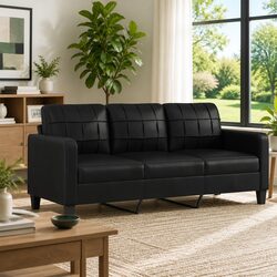 3-Seater Sofa Black Faux Leather Lounge Couch Modern Living Room Furniture 180cm