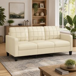 3-Seater Sofa Cream Faux Leather Lounge Couch Living Room Furniture Modern