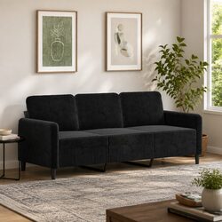 3-Seater Sofa Black 180cm Modern Living Room Couch Velvet Padded Armrest