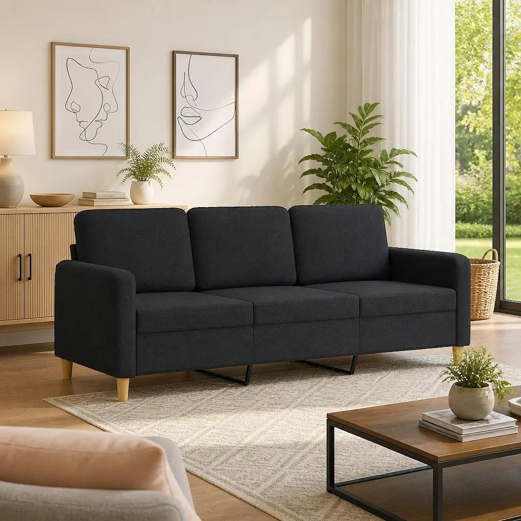 3-Seater Sofa Black Fabric 180cm Modern Upholstered Couch for Living Room