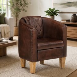 Tub Chair Brown Real Leather Armchair Lounge Seating Comfortable Padded