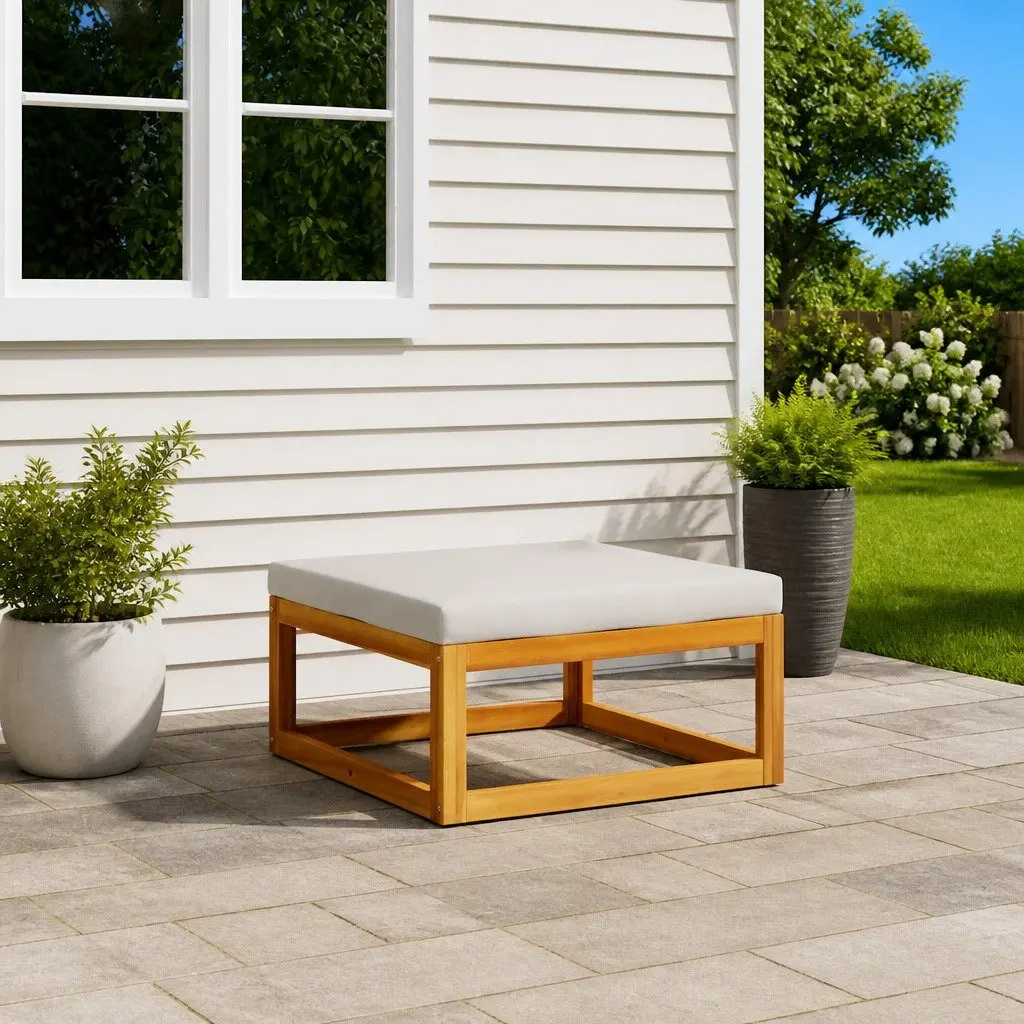 Outdoor Footrest with Grey Cushion Solid Acacia Wood Garden Seating Ottoman