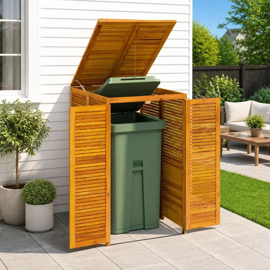 Solid Wood Garbage Bin Shed Lockable Doors Automatic Lid Opening Brown Acacia Wood
