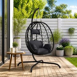 Hanging Egg Chair Outdoor Garden Swing Seat Poly Rattan Steel Frame Cushion