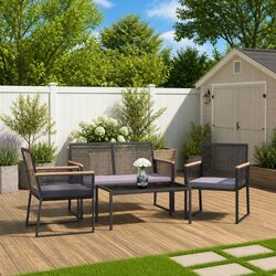 Garden Lounge Set 4 Piece Outdoor Furniture Black Steel Frame Padded Cushions