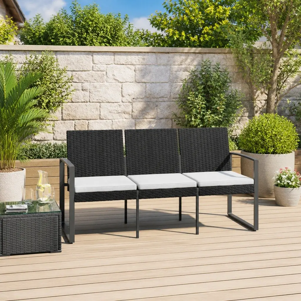 3-Seater Garden Bench with Cushions Black Powder-coated Steel Outdoor Furniture
