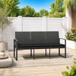 3-Seater Garden Bench with Cushions Grey Outdoor Patio Seating Furniture