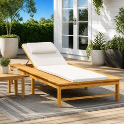 Sun Lounger Outdoor Wooden Reclining Chair Garden Patio Lounge Bed with Cushion