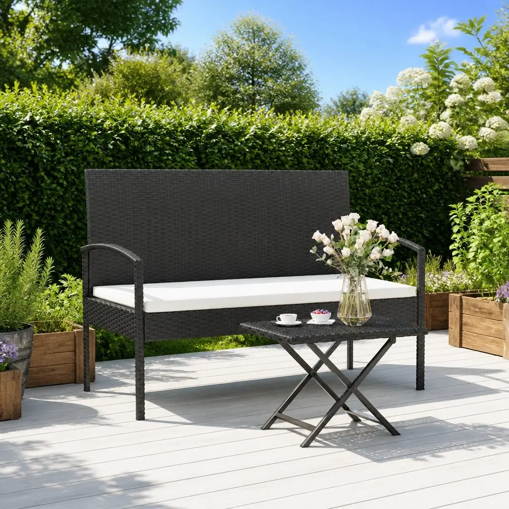 Garden Bench with Cushion Black 105cm Outdoor Seating Poly Rattan Patio
