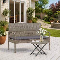 Garden Bench with Cushion Grey 105cm Outdoor Seating Poly Rattan Patio Chair