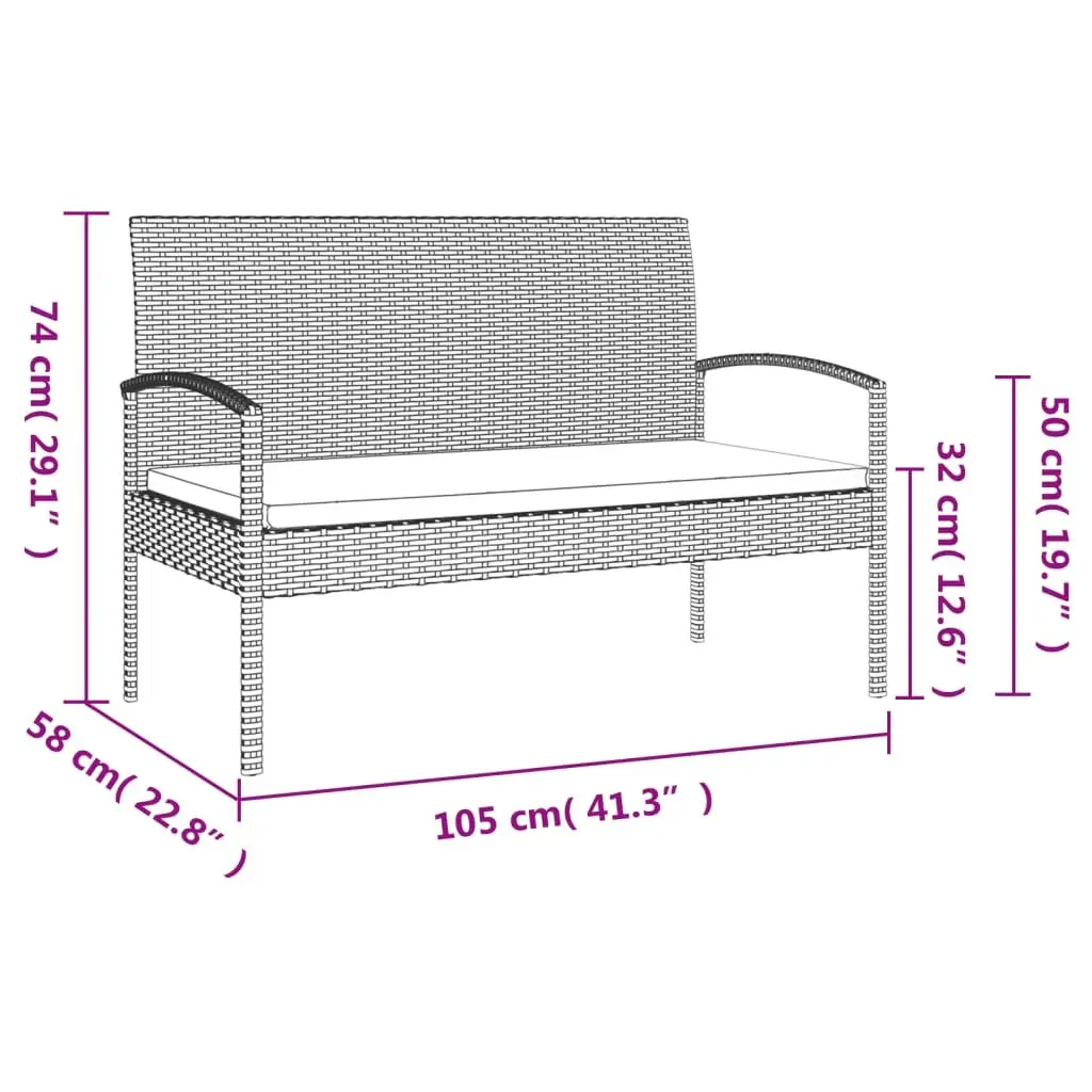 Garden Bench with Cushion 105cm Grey Outdoor Seating Poly Rattan