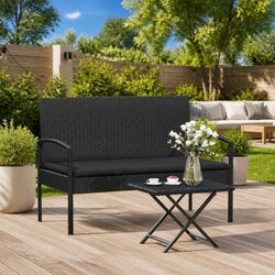 Garden Bench with Cushion Black 105cm Outdoor Seating Poly Rattan Patio