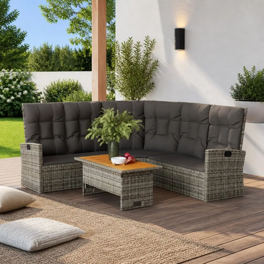 2 Piece Outdoor Garden Lounge Set with Cushions Grey Poly Rattan Patio Furniture