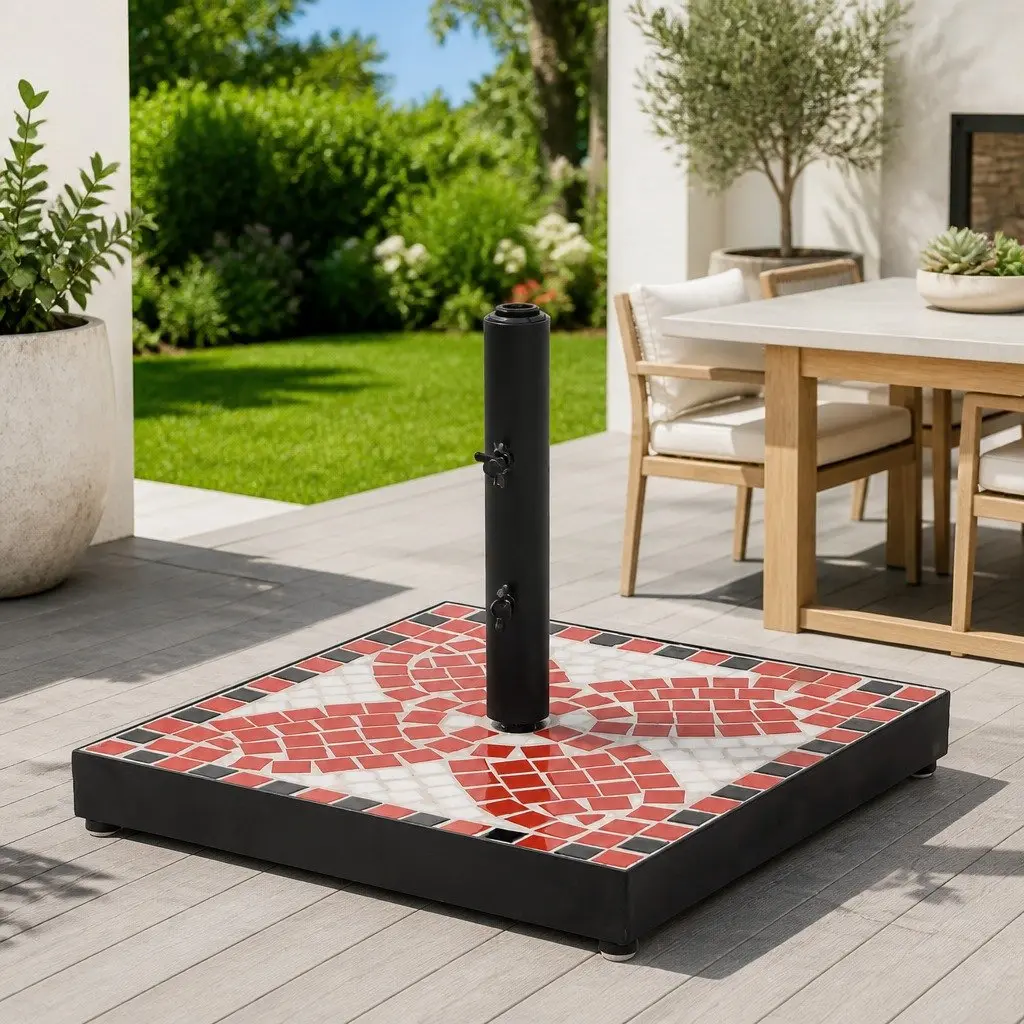 Parasol Base Square Outdoor Umbrella Stand Iron Construction Ceramic Tile Surface Terracotta
