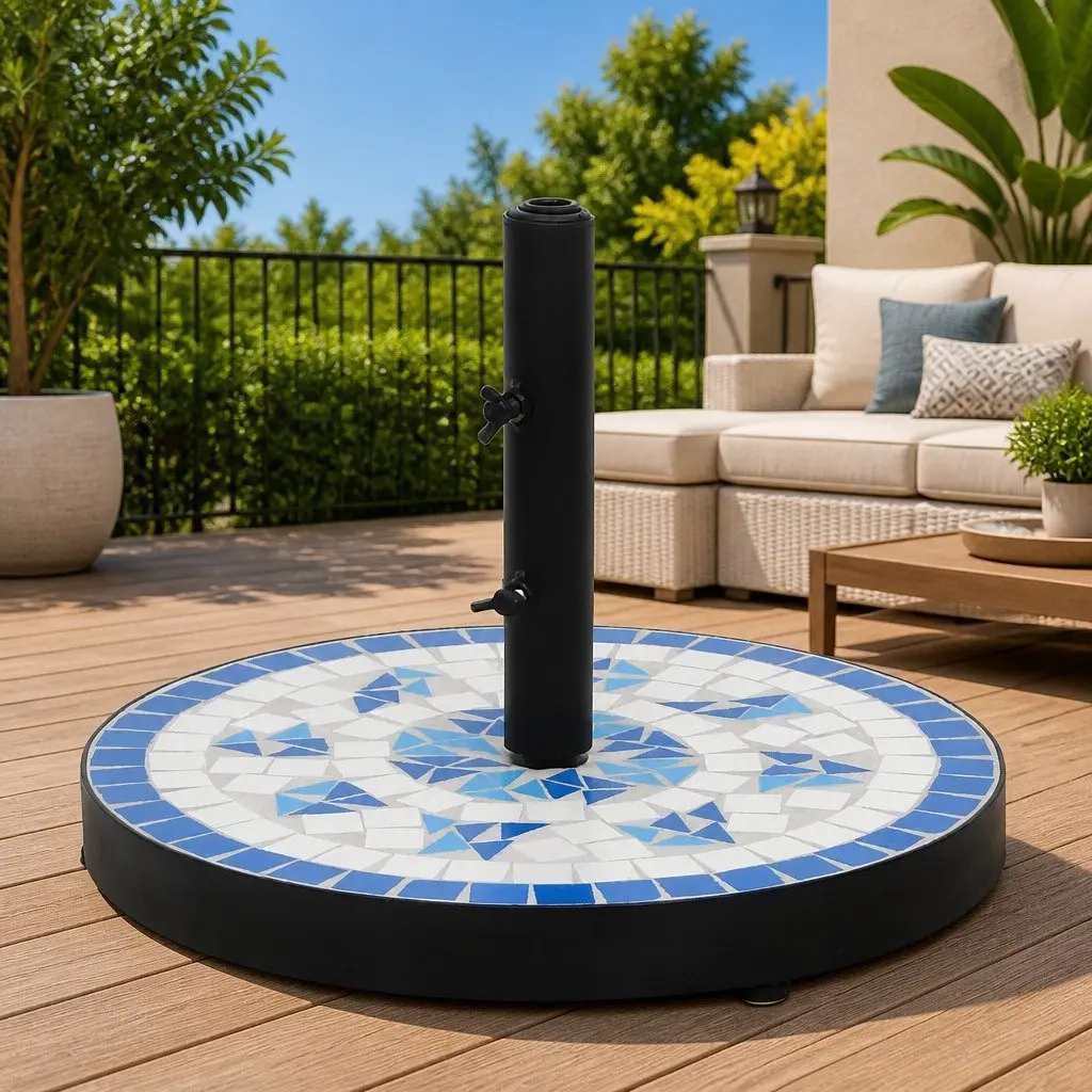 Parasol Base Round Adjustable Ceramic Tile Surface Blue White Outdoor Umbrella Stand
