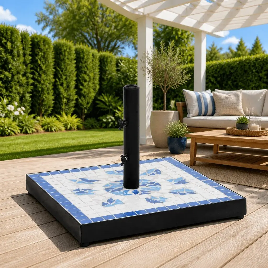 Parasol Base Weighted Iron Blue White Outdoor Umbrella Stand Garden Patio