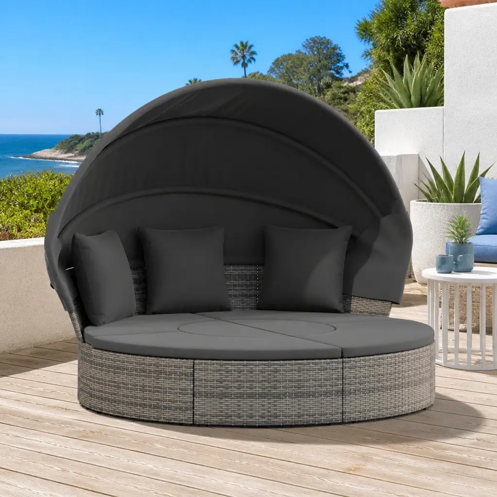 Outdoor Lounge Bed with Canopy Cushions Grey Poly Rattan Garden Furniture