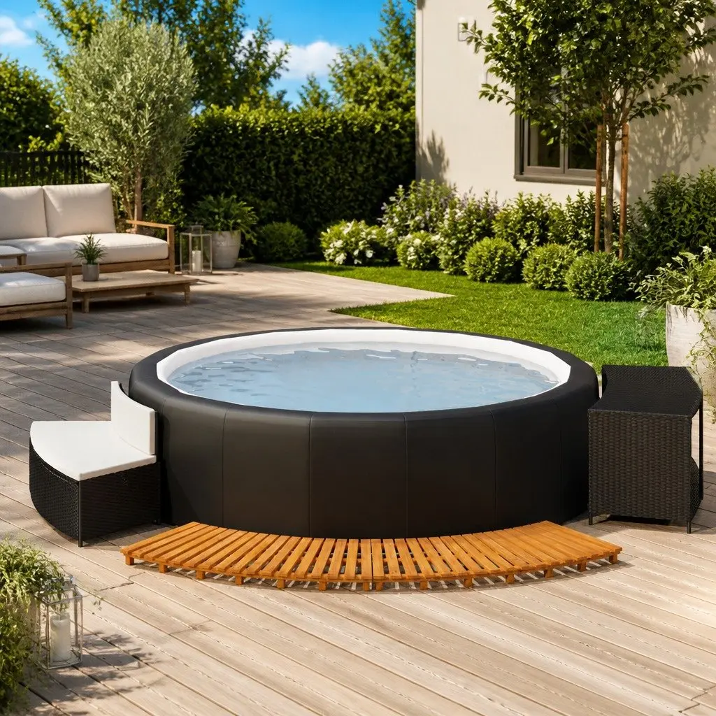 Hot Tub Surround Spa Bench Storage Shelf Black Rattan Wood Outdoor Enclosure