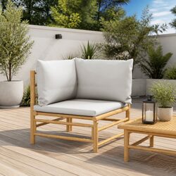 Garden Corner Sofa Outdoor Sectional Seating Bamboo Frame with Grey Cushions