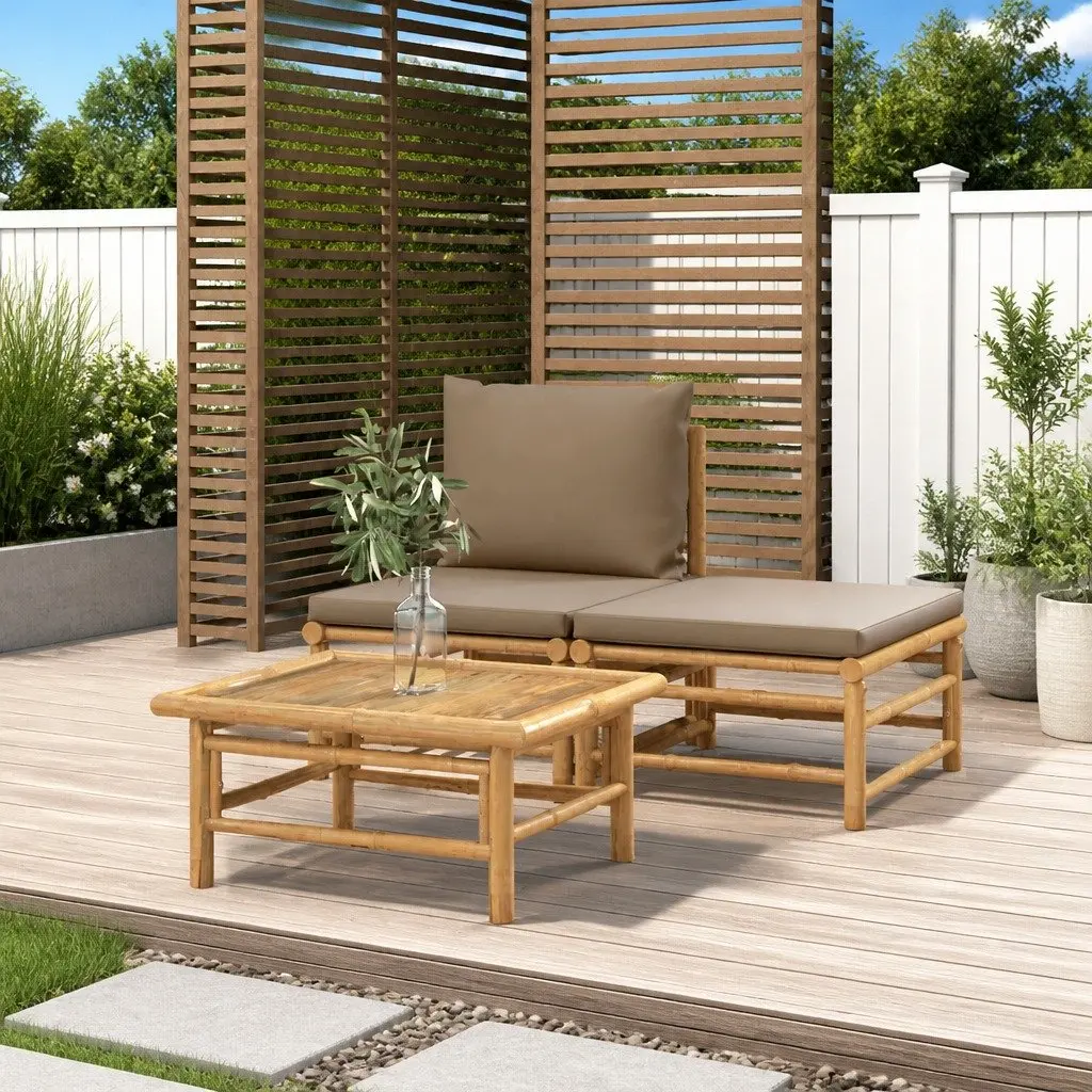 Bamboo Garden Lounge Set 3 Piece Outdoor Sectional Sofa with Taupe Cushions