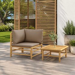 2 Piece Bamboo Garden Lounge Set Outdoor Sectional Sofa with Taupe Cushions