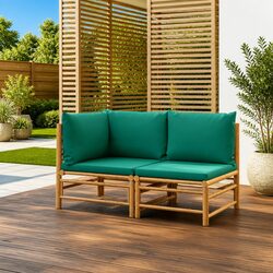 2 Piece Bamboo Garden Lounge Set Outdoor Sectional Sofa with Green Cushions